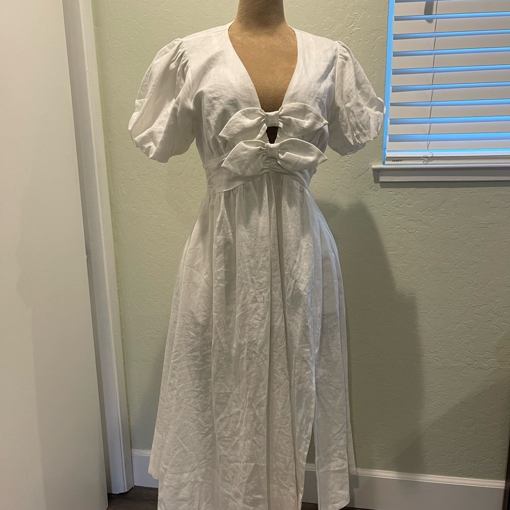 White Bow Front Puff Sleeve Midi Dress